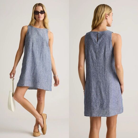 Quince European Linen Tank Mini Dress Size Small Chambray Striped Blue Pockets - Picture 1 of 12